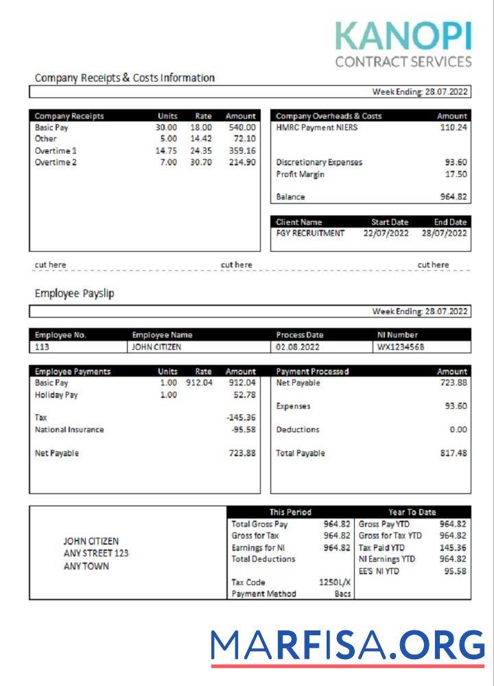Printable United Kingdom Kanopi Contract Services payroll company template